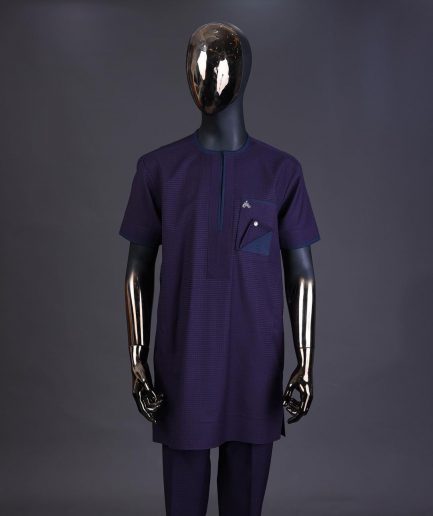 A Check egg pant purple and navy blue mix, with inverted pocket and Swarovski button details kaftan and Sokoto