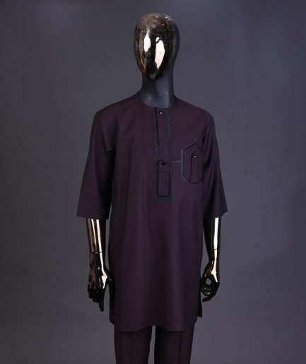 An Umber brown, connected flap and combat pocket with black lines, black Swarovski button detailing kaftan and Sokoto
