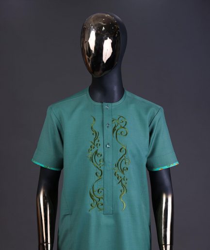 A Sea green, floral embroidery with matching Swarovski button detailing kaftan