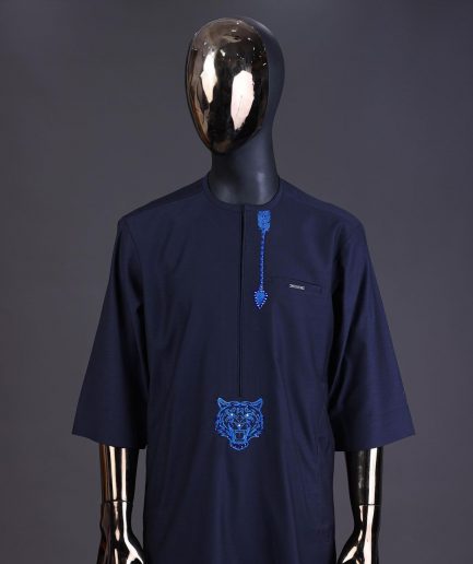 A Navy blue arrow and tiger head embroidery detail with matching Swarovski stone kaftan and Sokoto