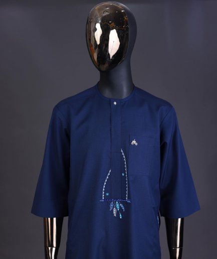 A Navy blue, front flap connected floral on arrow embroidery with crystal clear Swarovski button detailing kaftan