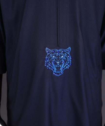 A Navy blue arrow and tiger head embroidery detail with matching Swarovski stone kaftan and Sokoto