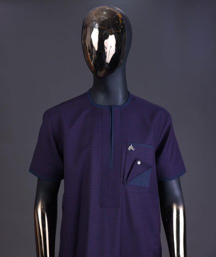 A Check egg pant purple and navy blue mix, with inverted pocket and Swarovski button details kaftan and Sokoto