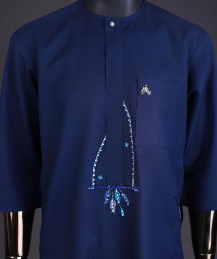 A Navy blue, front flap connected floral on arrow embroidery with crystal clear Swarovski button detailing kaftan