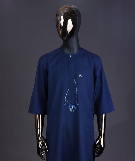 A Navy blue, front flap connected floral on arrow embroidery with crystal clear Swarovski button detailing kaftan