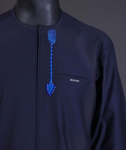 A Navy blue arrow and tiger head embroidery detail with matching Swarovski stone kaftan and Sokoto