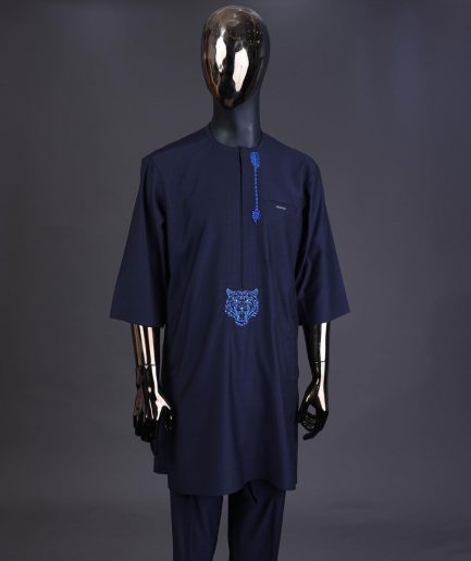 A Navy blue arrow and tiger head embroidery detail with matching Swarovski stone kaftan and Sokoto