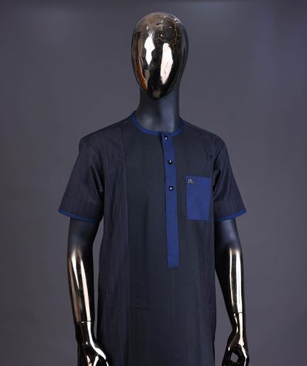 A Navy blue pencil stripe on black, black front with matching blue-black Swarovski button detailing kaftan and Sokoto