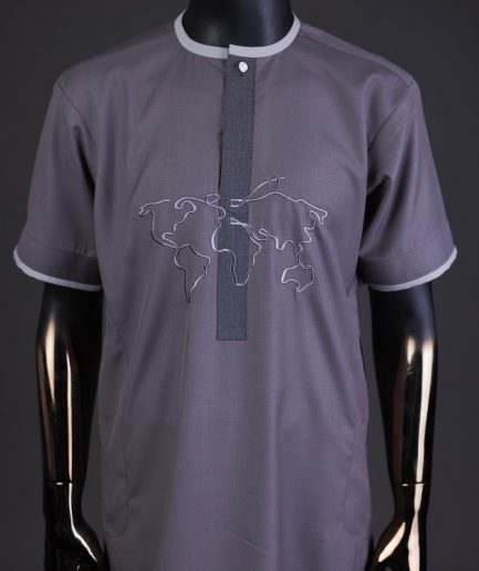 A Fossil grey front flap with crystal Swarovski button, world map embroidery detailing kaftan, and Sokoto
