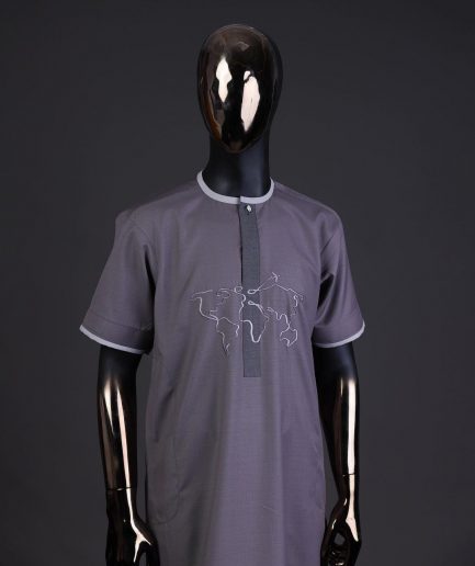 A Fossil grey front flap with crystal Swarovski button, world map embroidery detailing kaftan, and Sokoto