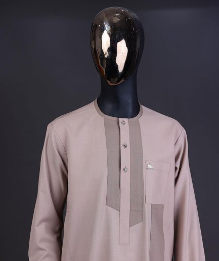 An ecru brown, front flap with clear view Swarovski button details kaftan And sokoto
