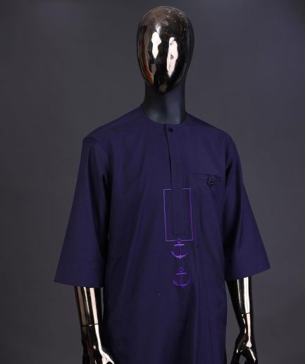 An eggplant purple, front flap with black Swarovski button, square and anchor embroidery detailing kaftan and Sokoto