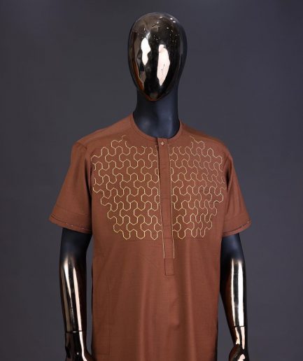 A Caramel brown, front flap with gold Swarovski button, connected hexagon Embroidery detailing kaftan and Sokoto