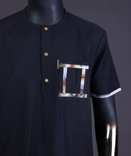 A charcoal black, front flap with gold Swarovski button, renaissance painting paisley detailing kaftan