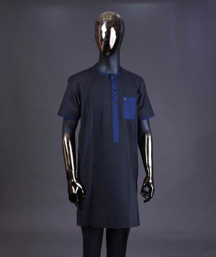 A Navy blue pencil stripe on black, black front with matching blue-black Swarovski button detailing kaftan and Sokoto