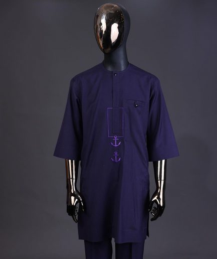 An eggplant purple, front flap with black Swarovski button, square and anchor embroidery detailing kaftan and Sokoto