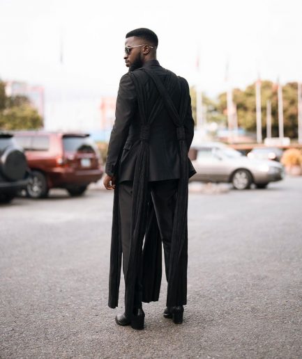 A monochrome Charcoal black deconstructed double breasted jacket with flare