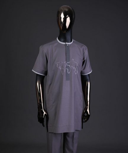 A Fossil grey front flap with crystal Swarovski button, world map embroidery detailing kaftan, and Sokoto
