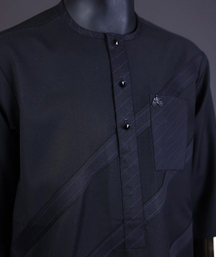 A Charcoal black front flap, blue and black pencil stripe cross-over with black Swarovski button detailing kaftan