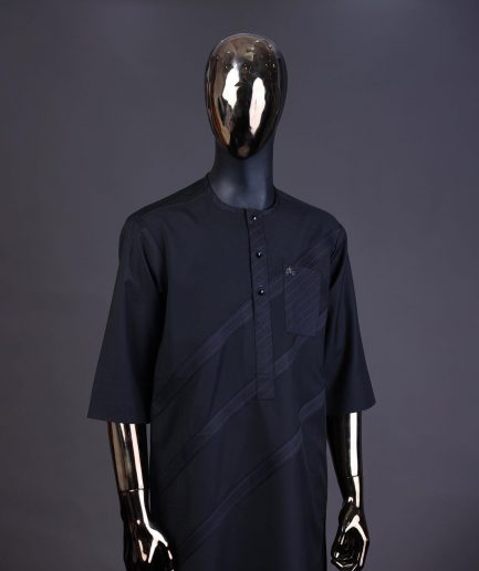 A Charcoal black front flap, blue and black pencil stripe cross-over with black Swarovski button detailing kaftan