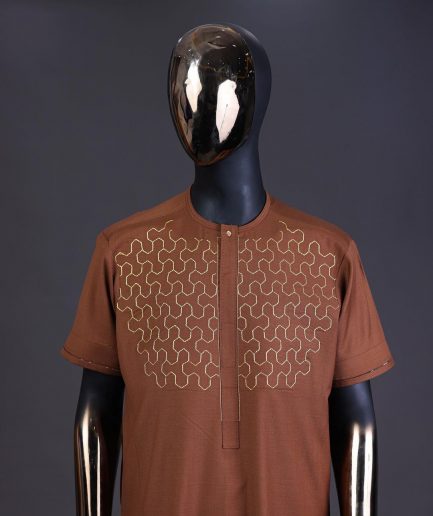 A Caramel brown, front flap with gold Swarovski button, connected hexagon Embroidery detailing kaftan and Sokoto