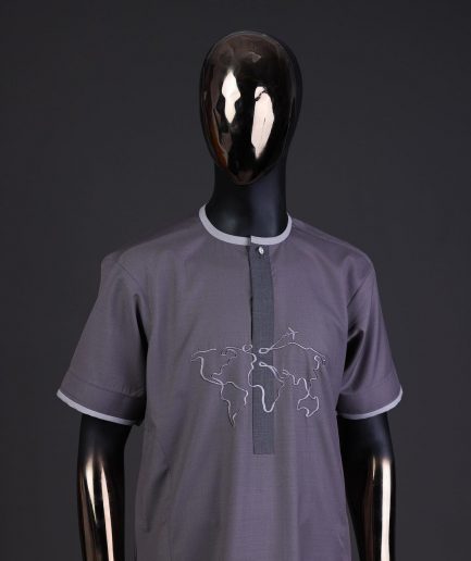 A Fossil grey front flap with crystal Swarovski button, world map embroidery detailing kaftan, and Sokoto
