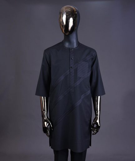 A Charcoal black front flap, blue and black pencil stripe cross-over with black Swarovski button detailing kaftan