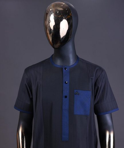 A Navy blue pencil stripe on black, black front with matching blue-black Swarovski button detailing kaftan and Sokoto