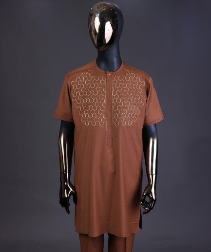A Caramel brown, front flap with gold Swarovski button, connected hexagon Embroidery detailing kaftan and Sokoto