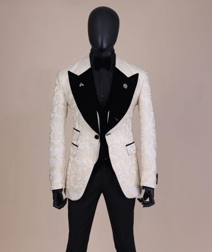 An Ivory white and Gold Floral patterned Peak lapel metallic jacquard tuxedo suit.