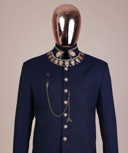 A navy blue, “wakanda” embroidery square patterned metallic jacquard safari suit