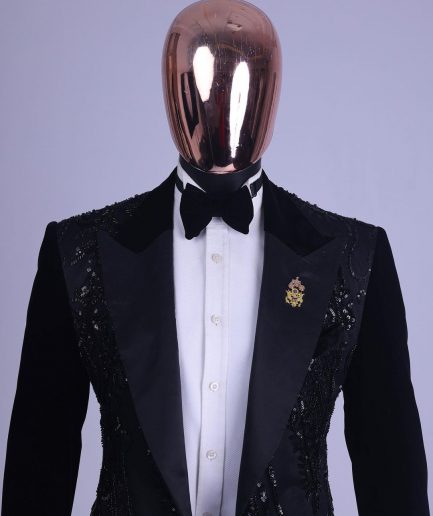 A Charcoal Black Peak Lapel Beaded Lace Tuxedo Suit