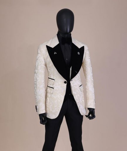 An Ivory white and Gold Floral patterned Peak lapel metallic jacquard tuxedo suit.