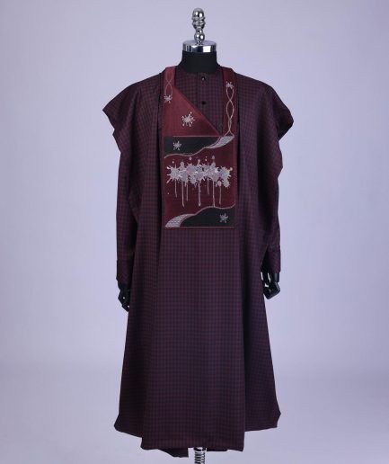 A Checkered burgundy & black, painters Splash embroidery details agbada, long sleeve kaftan & sokoto