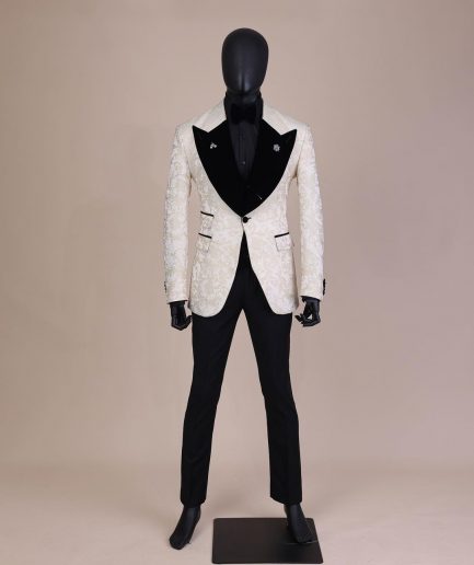 An Ivory white and Gold Floral patterned Peak lapel metallic jacquard tuxedo suit.