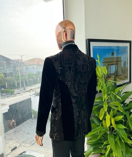 A Charcoal Black Peak Lapel Beaded Lace Tuxedo Suit
