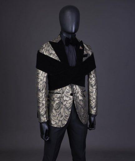 An “Octopus” Charcoal Black And Gold Splash, Peak Lapel Tuxedo Suit