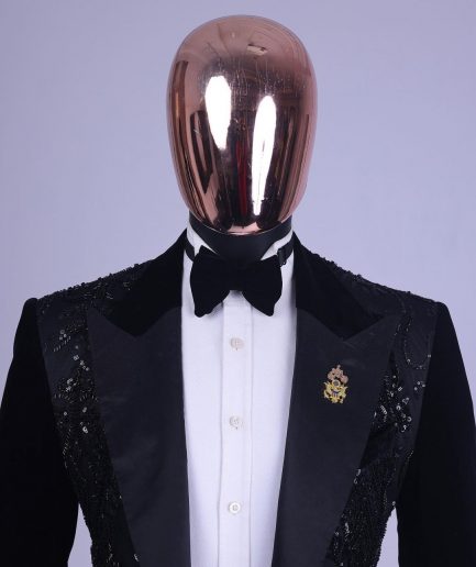 A Charcoal Black Peak Lapel Beaded Lace Tuxedo Suit