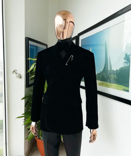 A reloaded monochrome “herd” charcoal black soaked velvet peak lapel wrap tuxedo suit
