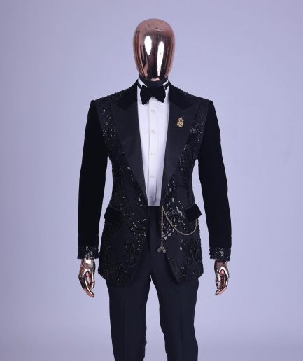 A Charcoal Black Peak Lapel Beaded Lace Tuxedo Suit