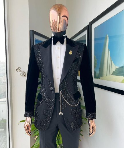 A Charcoal Black Peak Lapel Beaded Lace Tuxedo Suit