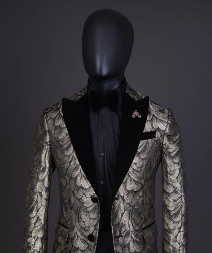 A Charcoal Black And Gold Splash, Peak Lapel Tuxedo Suit
