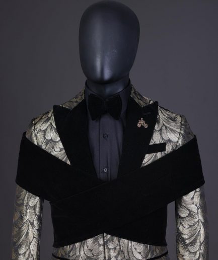 An “Octopus” Charcoal Black And Gold Splash, Peak Lapel Tuxedo Suit