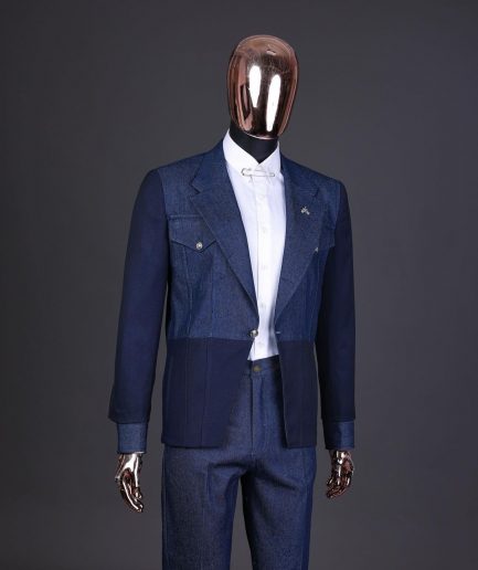 A Navy blue denim and jacquard mix notch lapel jacket