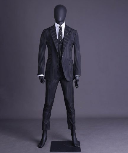 A charcoal black and ivory pencil stripe, notch lapel, knitted one button suit