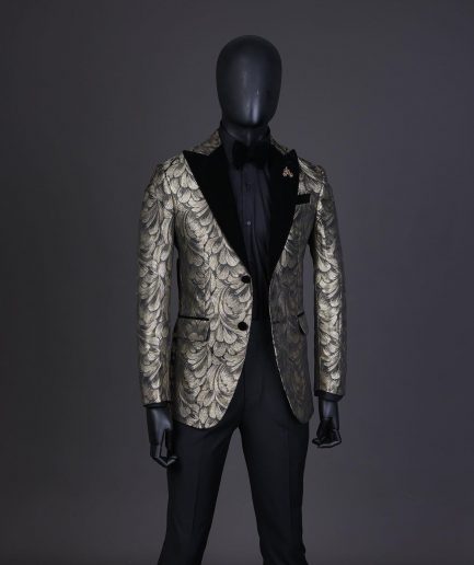 A Charcoal Black And Gold Splash, Peak Lapel Tuxedo Suit