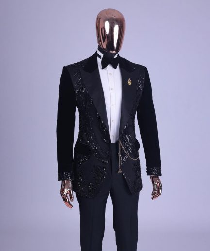 A Charcoal Black Peak Lapel Beaded Lace Tuxedo Suit
