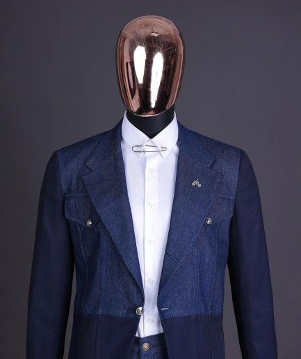 A Navy blue denim and jacquard mix notch lapel jacket