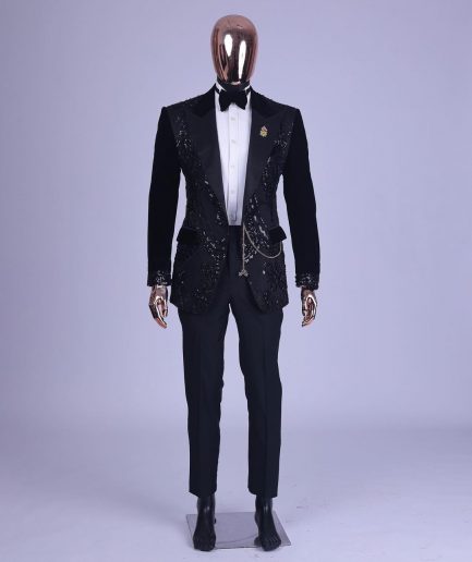 A Charcoal Black Peak Lapel Beaded Lace Tuxedo Suit