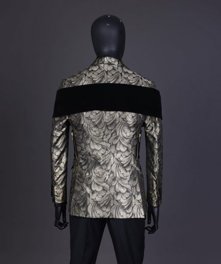 An “Octopus” Charcoal Black And Gold Splash, Peak Lapel Tuxedo Suit